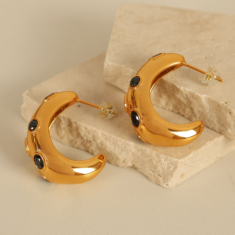 1 Pair Simple Series Classic Geometric Stainless Steel  Gold Color Zircon Women's Hoop Earrings 